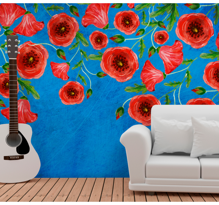 Large red poppies with blue  Poppy Wall Mural - TenStickers