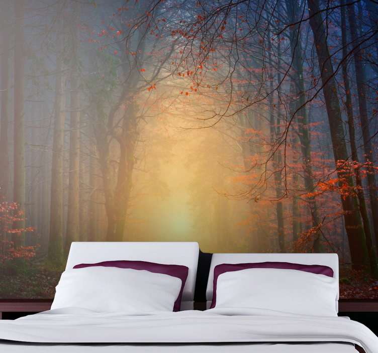 Mist-shrouded Autumn Trees forest wall mural - TenStickers