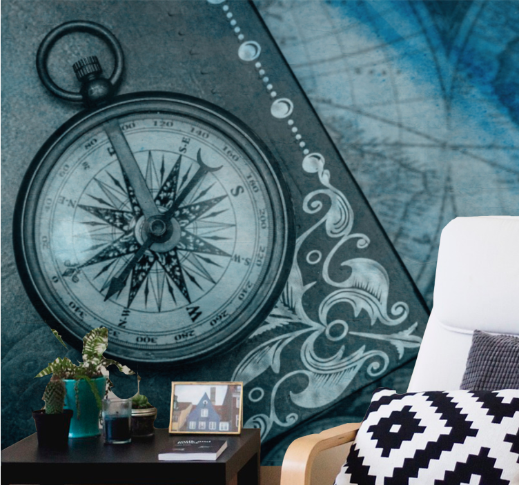 Ornate compass design world map wall mural - TenStickers