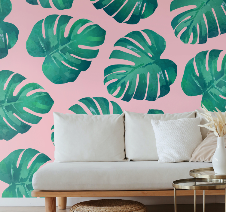 Pink background monstera leaves wall mural - TenStickers