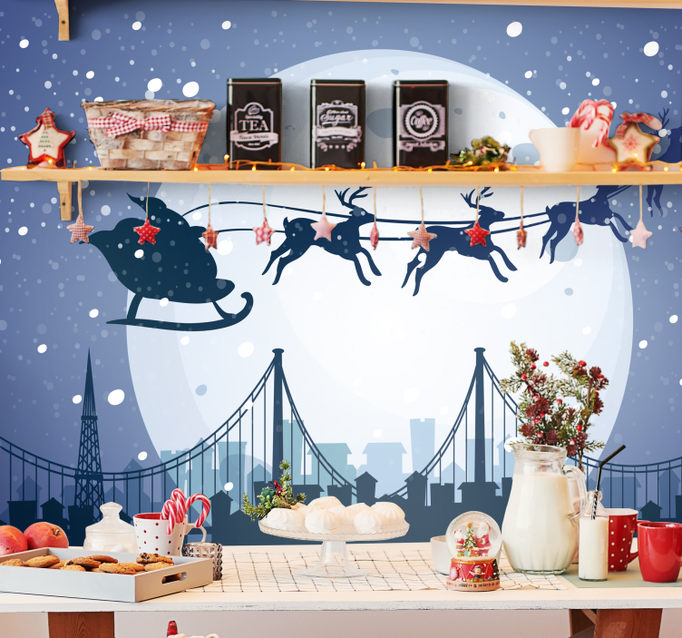 Santa klaus flying reindeer fantasy wall mural - TenStickers