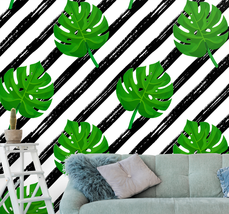 Striped monstera leaves nature wall mural - TenStickers