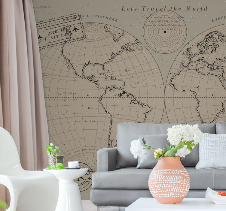 Vintage worldmap with calligraphy wall mural - TenStickers