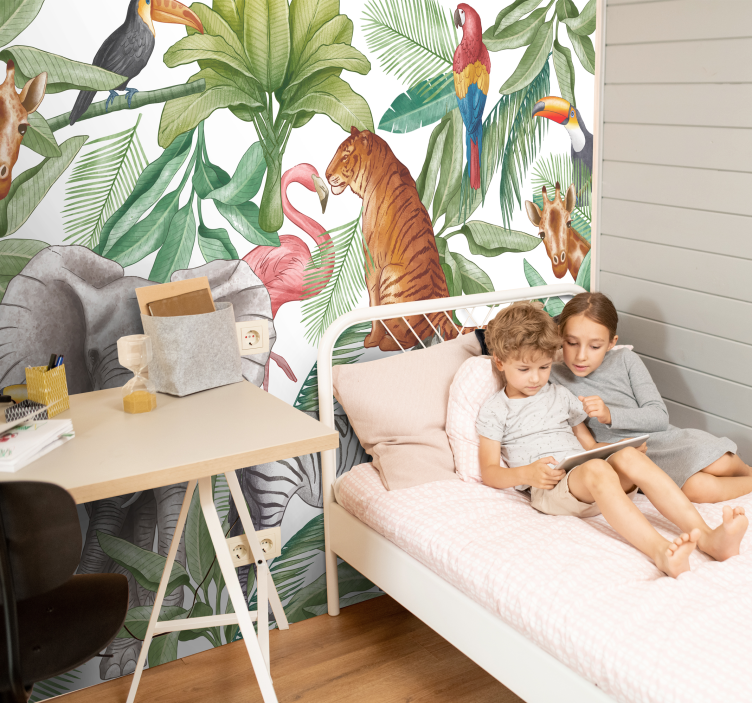 Watercolor animals design jungle wall mural - TenStickers