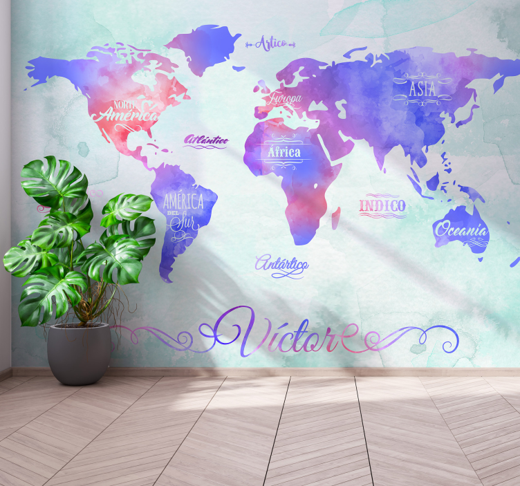 Watercolor continents world map mural - TenStickers