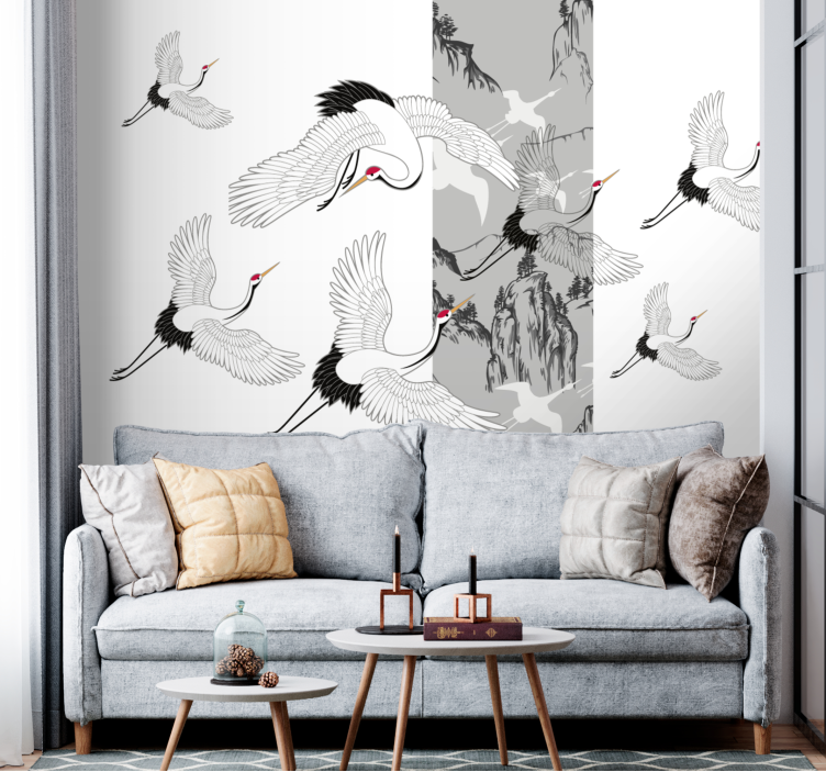 White birds flying living room wall mural - TenStickers