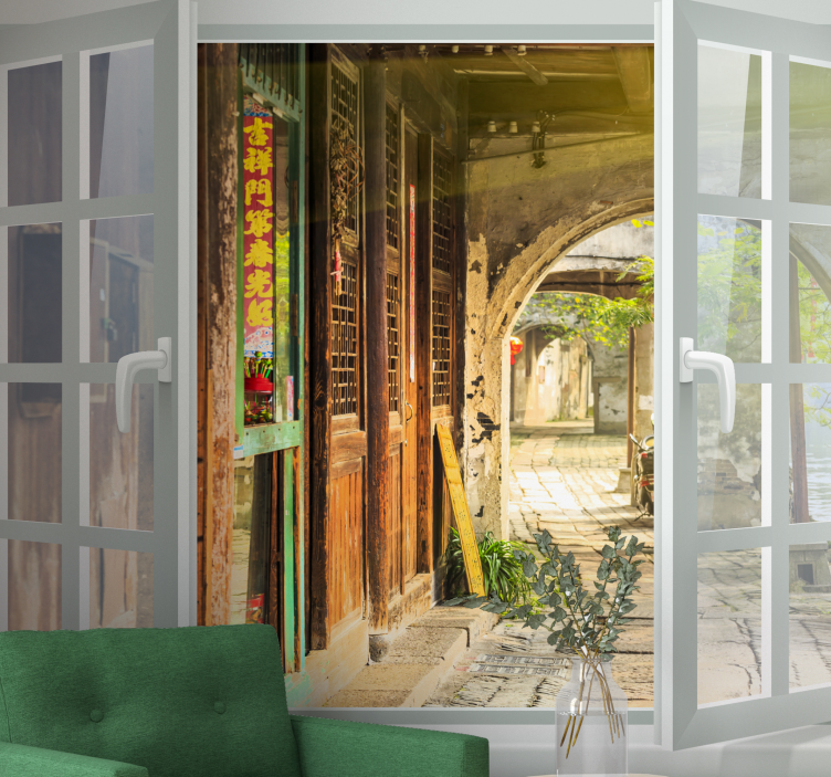 Window with old town view wall mural - TenStickers