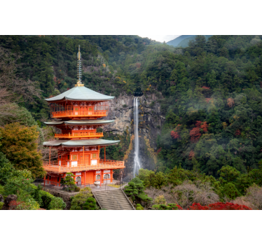 Asian building waterfall forest mural wallpaper - TenStickers