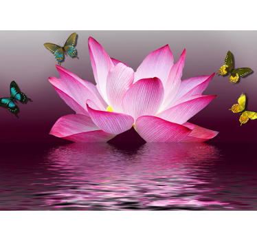 Pink lotus flower with butterflies mural wallpaper - TenStickers