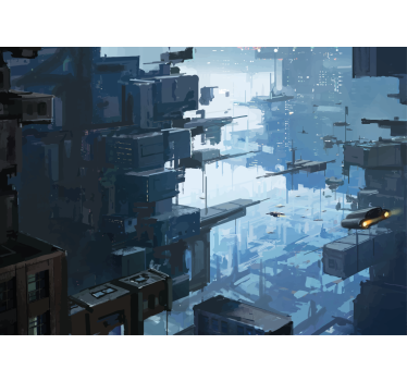 Futuristic city with spaceships modern mural wallpaper - TenStickers