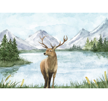 Landscape with lake and deer nature murals - TenStickers