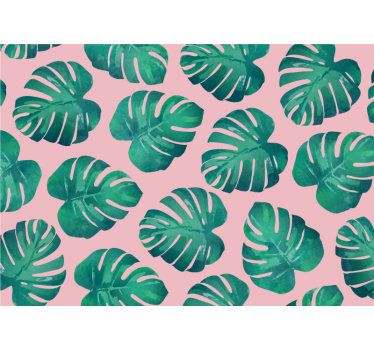 Pink background monstera leaves mural mural - TenStickers