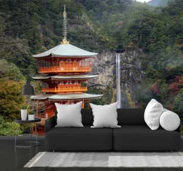Asian building waterfall forest mural wallpaper - TenStickers