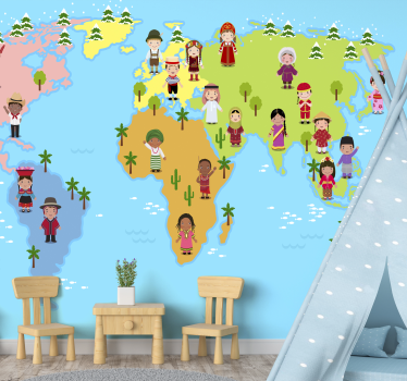 Children characters world map wall mural - TenStickers