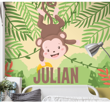 Cute baby monkey hanging on branch mural wallpaper - TenStickers