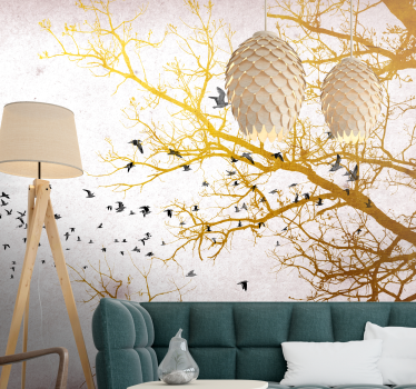 Golden Tree Birds mural wallpaper - TenStickers