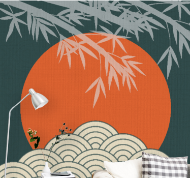 Japandi style leaves orange sun vintage mural - TenStickers