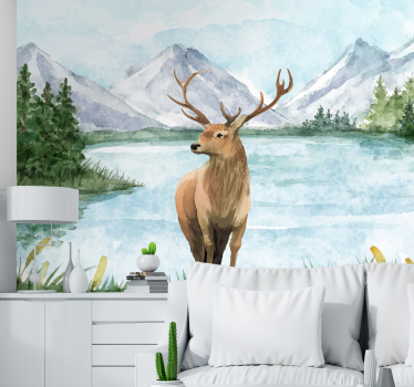 Landscape with lake and deer nature murals - TenStickers