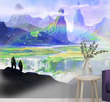 Mountain waterfall with a colorful rainbow nature murals - TenStickers
