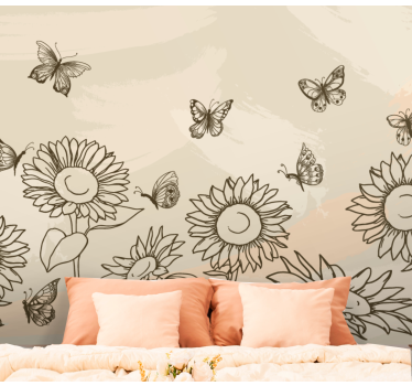 Sunflowers and butterflies beige colour mural wallpaper - TenStickers