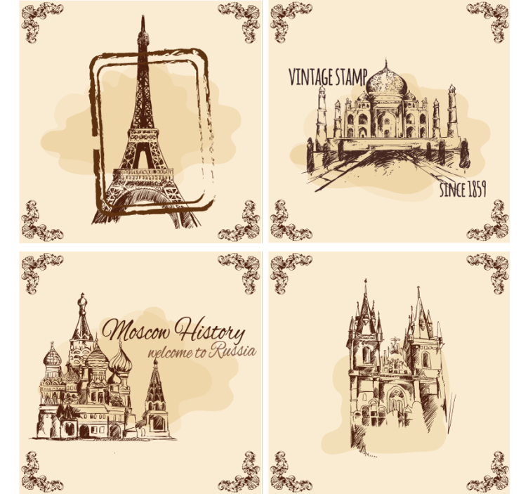Vintage coasters historic landmark art prints - TenStickers