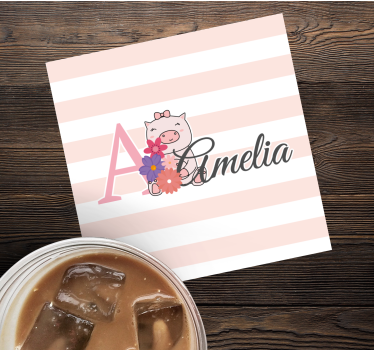 Personalizable coasters playful piglet with flowers - TenStickers