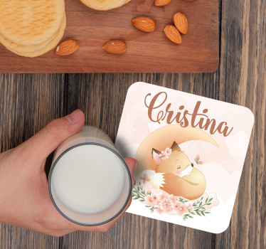 Personalizable coasters sleeping fox with floral accents - TenStickers