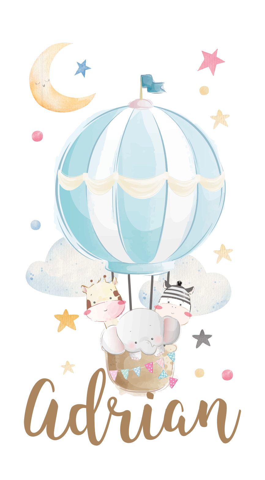 Nursery poster with three animals on balloons stars clouds - TenStickers