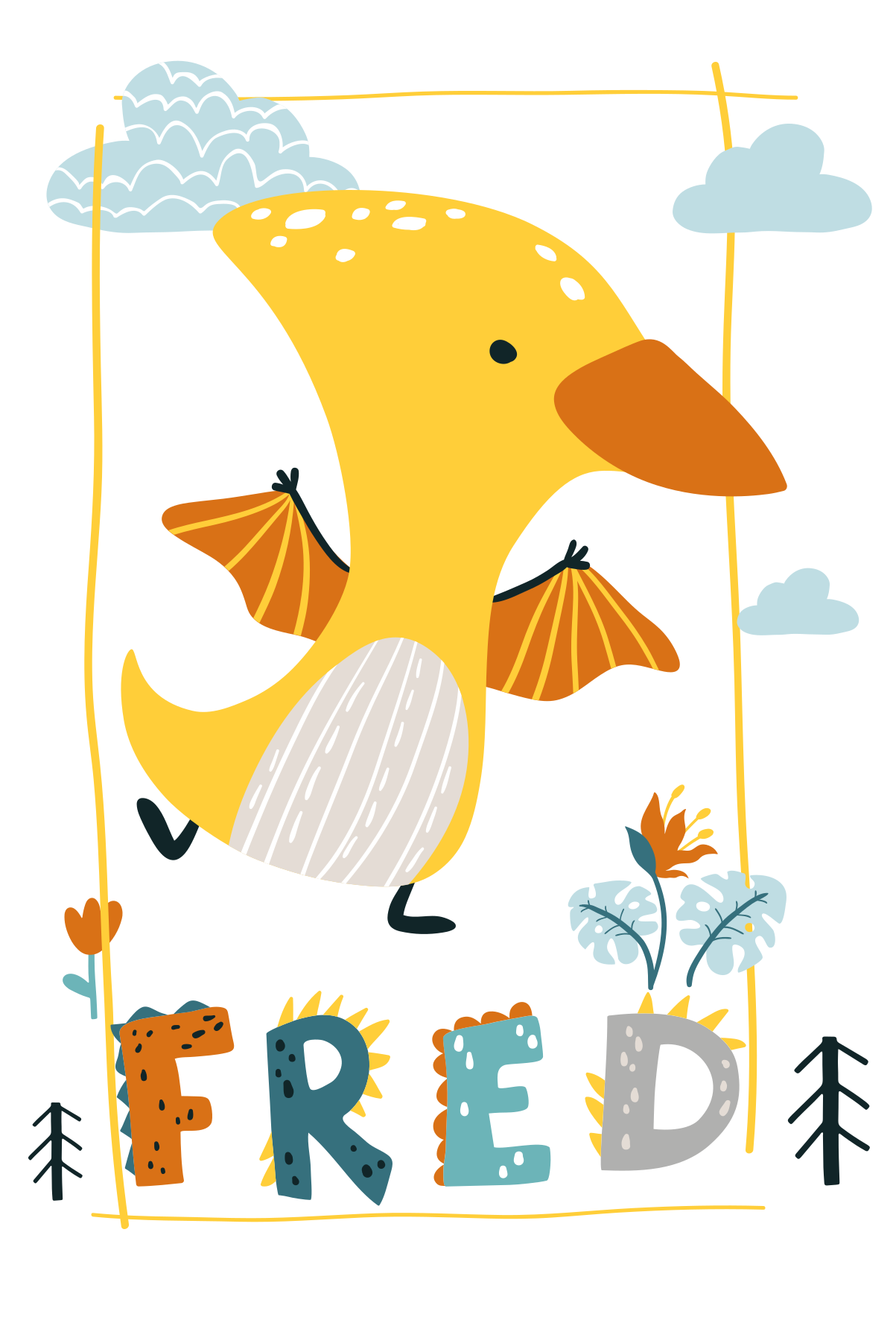 Nursery poster of a playful yellow pterosaur - TenStickers