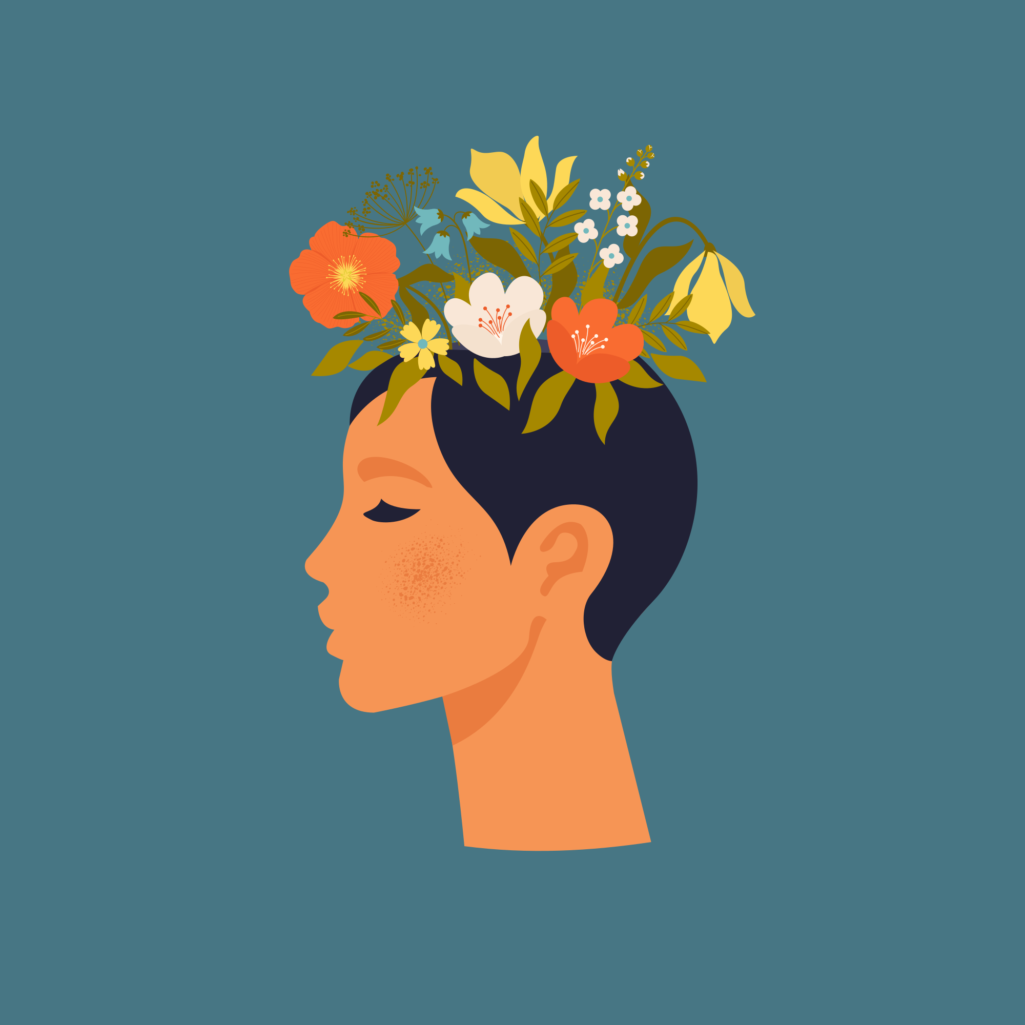 Flower poster featuring abstract woman on blue background - TenStickers