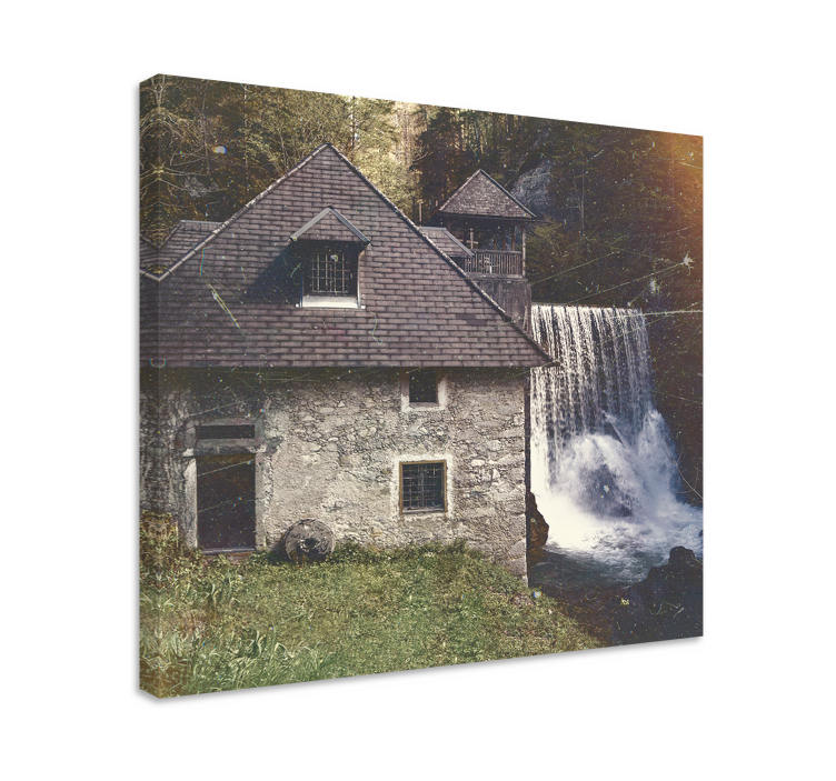 Cottagecore house waterfall landscape canvas - TenStickers