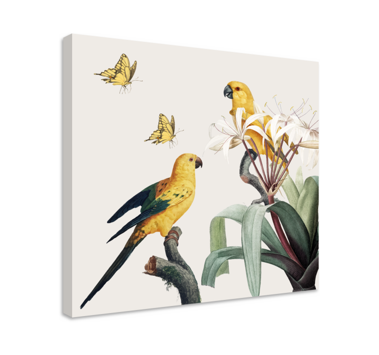 Flowers canvas with yellow parrots and butterflies - TenStickers
