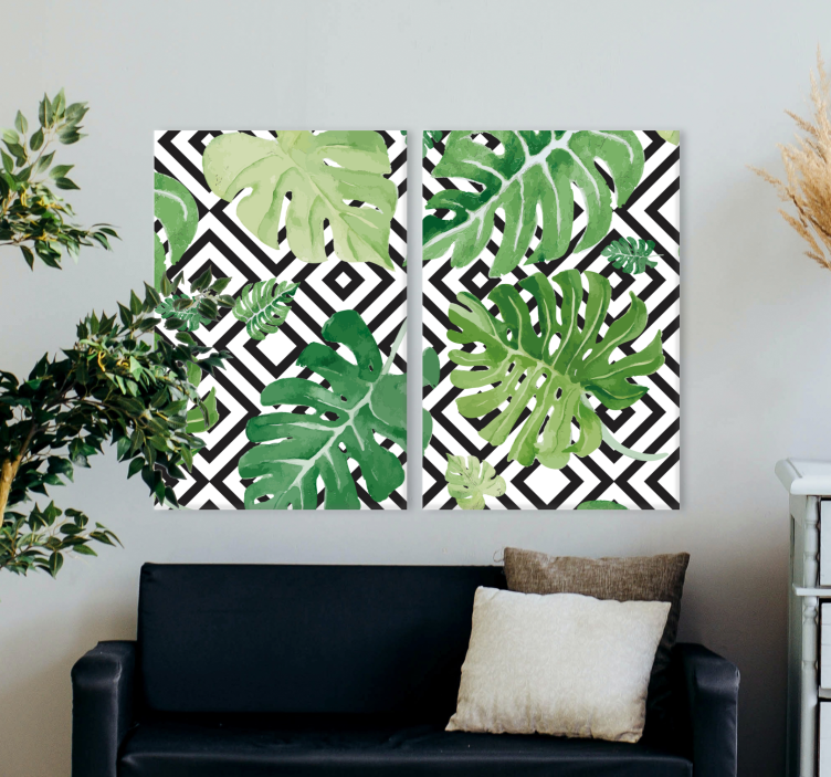 Monstera leaves geometric pattern canvas prints - TenStickers