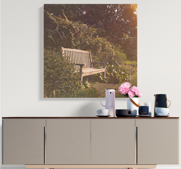 Cottagecore wood bench in garden flower canvas - TenStickers