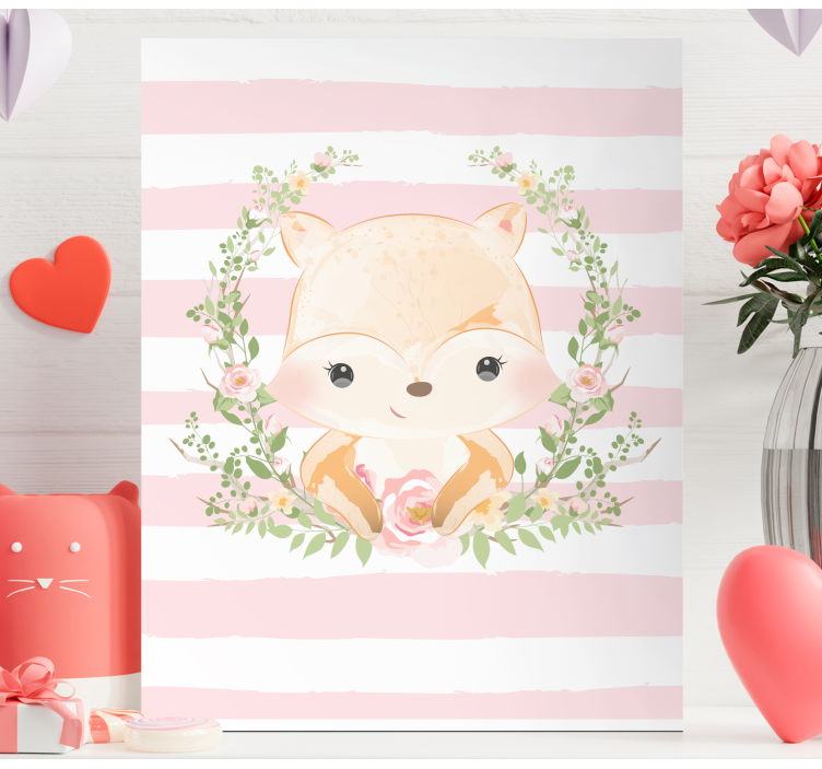 Cute fox cartoon with pink rose nursery canvas - TenStickers