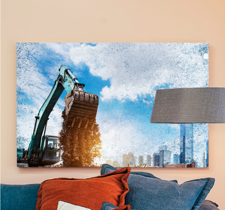 Excavator with the city behind modern canvas - TenStickers
