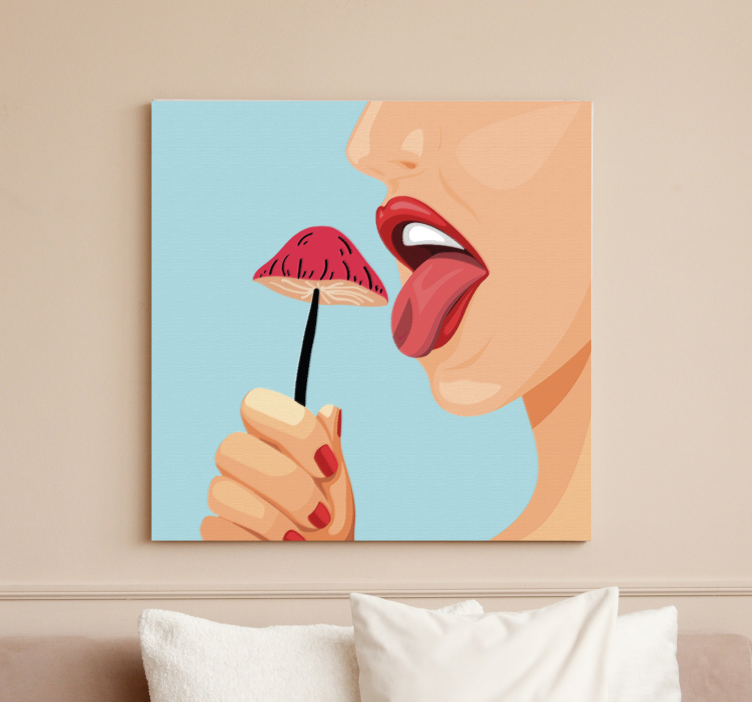 Girl licking a mushroom design modern canvas - TenStickers