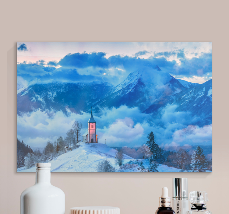Snowy mountain church landscape canvas - TenStickers