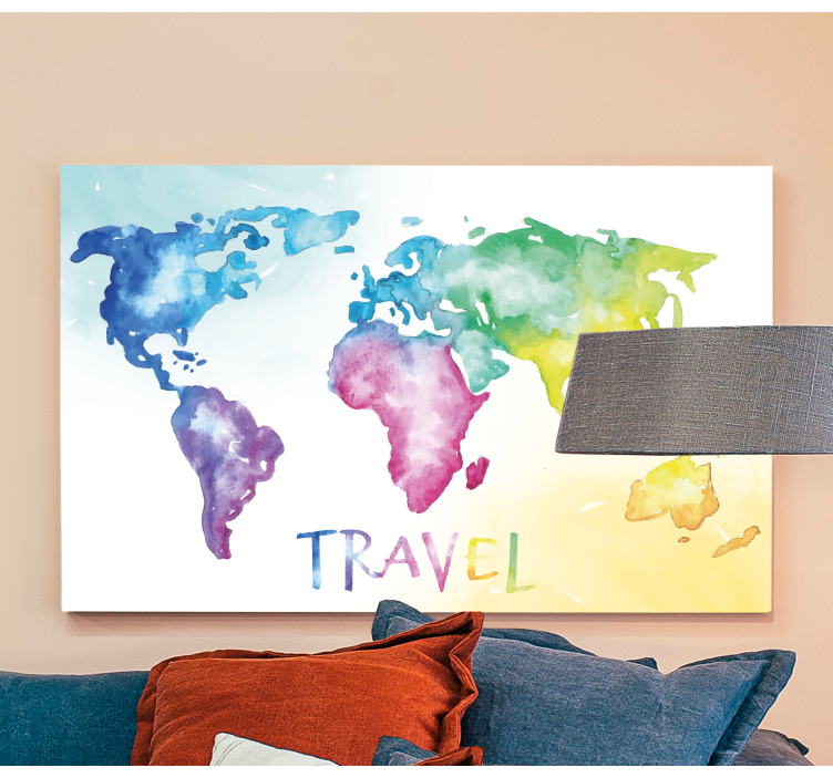 Watercolour travel world map canvas - TenStickers