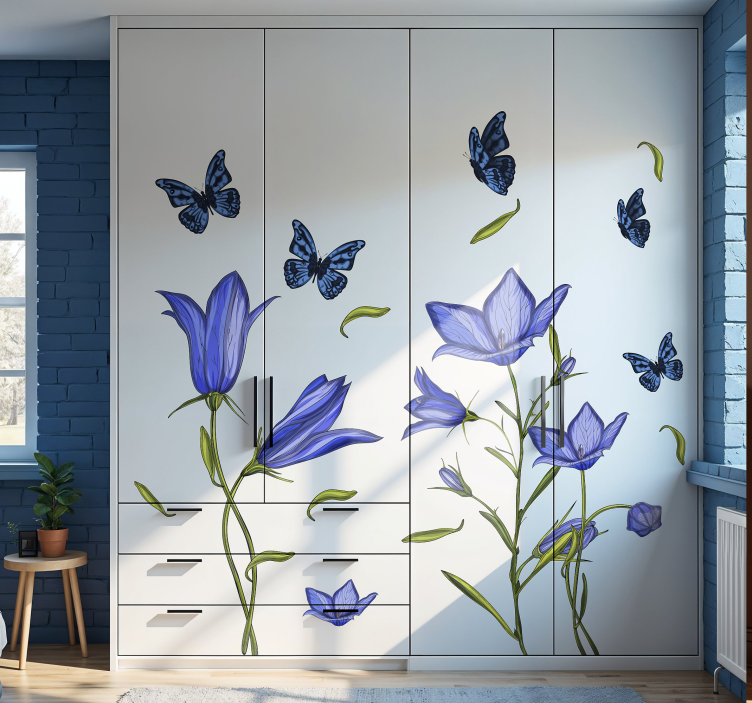 Blue flowers with butterflies furniture sticker - TenStickers