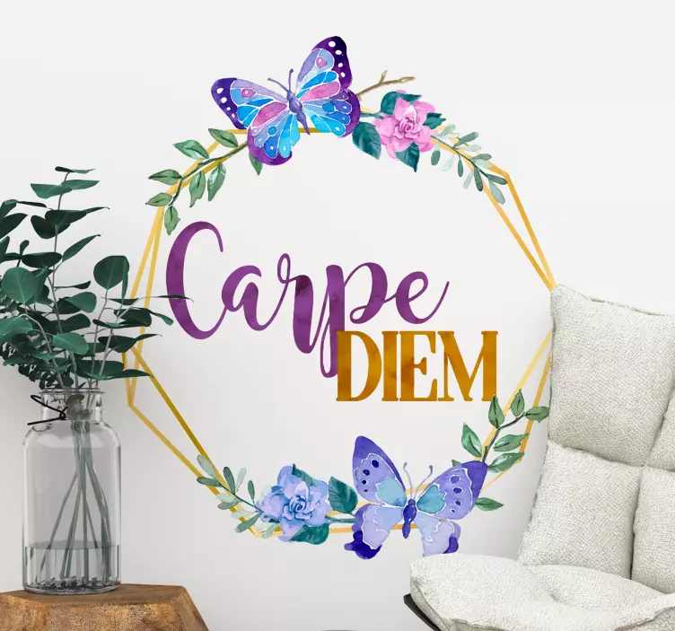 Carpe Diem flowers wreath with butterfly wall sticker - TenStickers