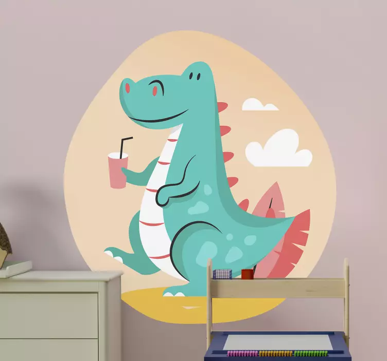 Cheerful Dinosaur Enjoying Beverage wall stickers for kids - TenStickers