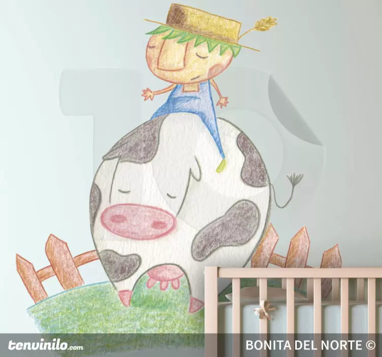 Child Riding Cow farm animal wall decal - TenStickers