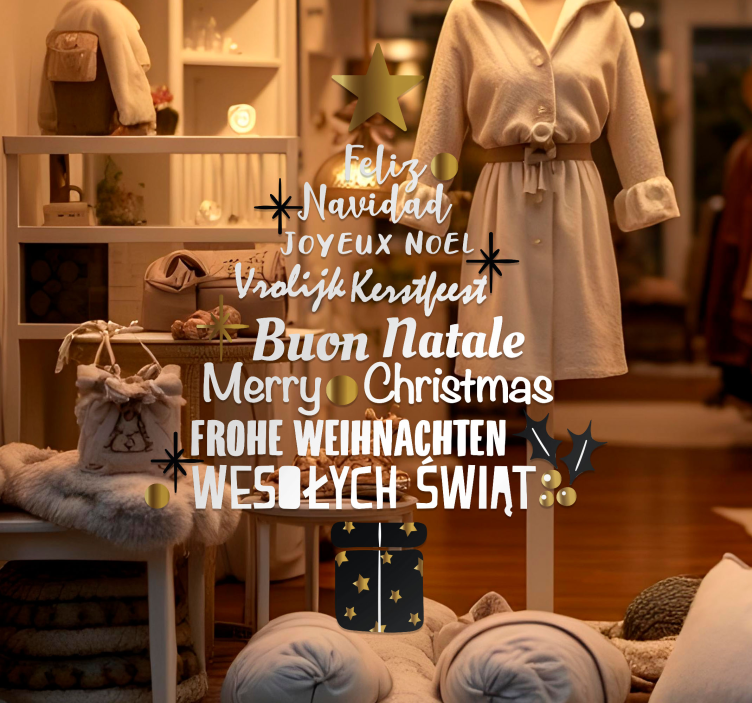 Christmas tree in different languages window decal for business - TenStickers