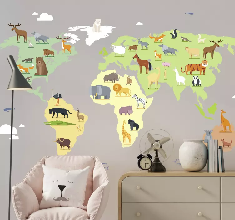 Colorful animals from the continents map decal - TenStickers