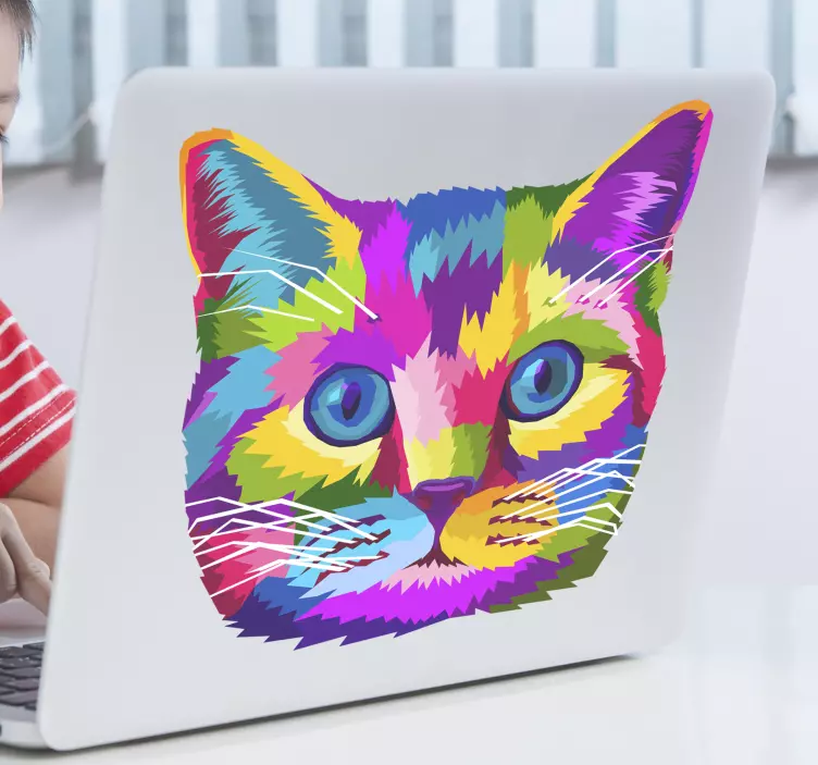 Colorful geometric cat face  laptop sticker - TenStickers