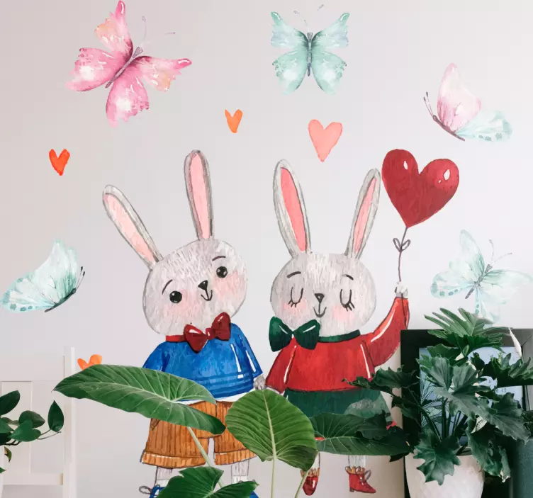 Couple of rabbits and butterflies animal decal - TenStickers