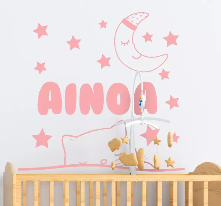 customizable name with cat and moon wall decal - TenStickers
