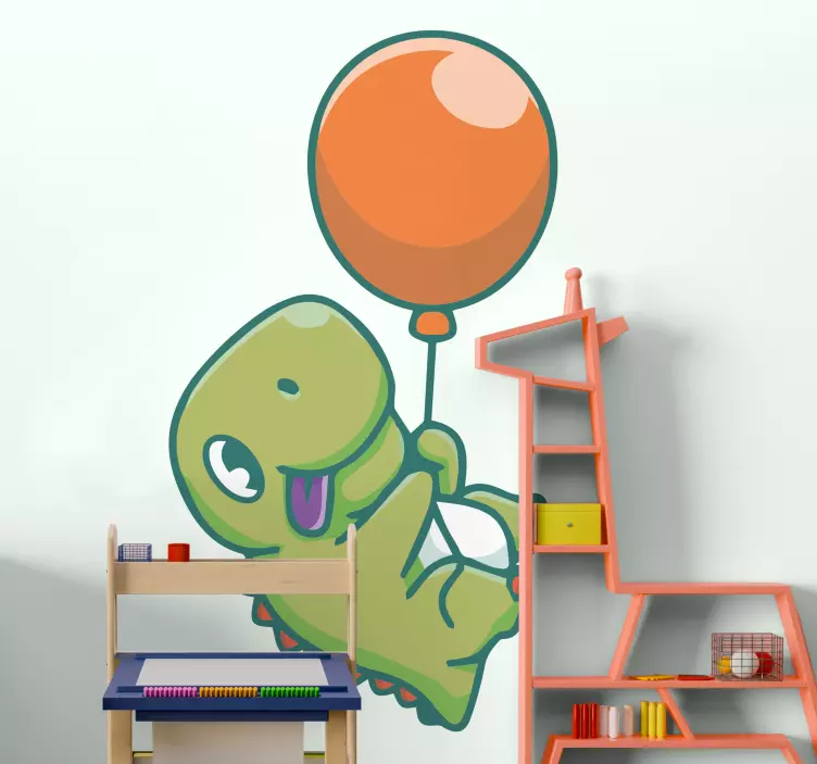 Cute dinosaur flying with balloon sticker - TenStickers