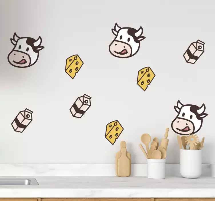 Drawings of milk cow and cheese food decal - TenStickers